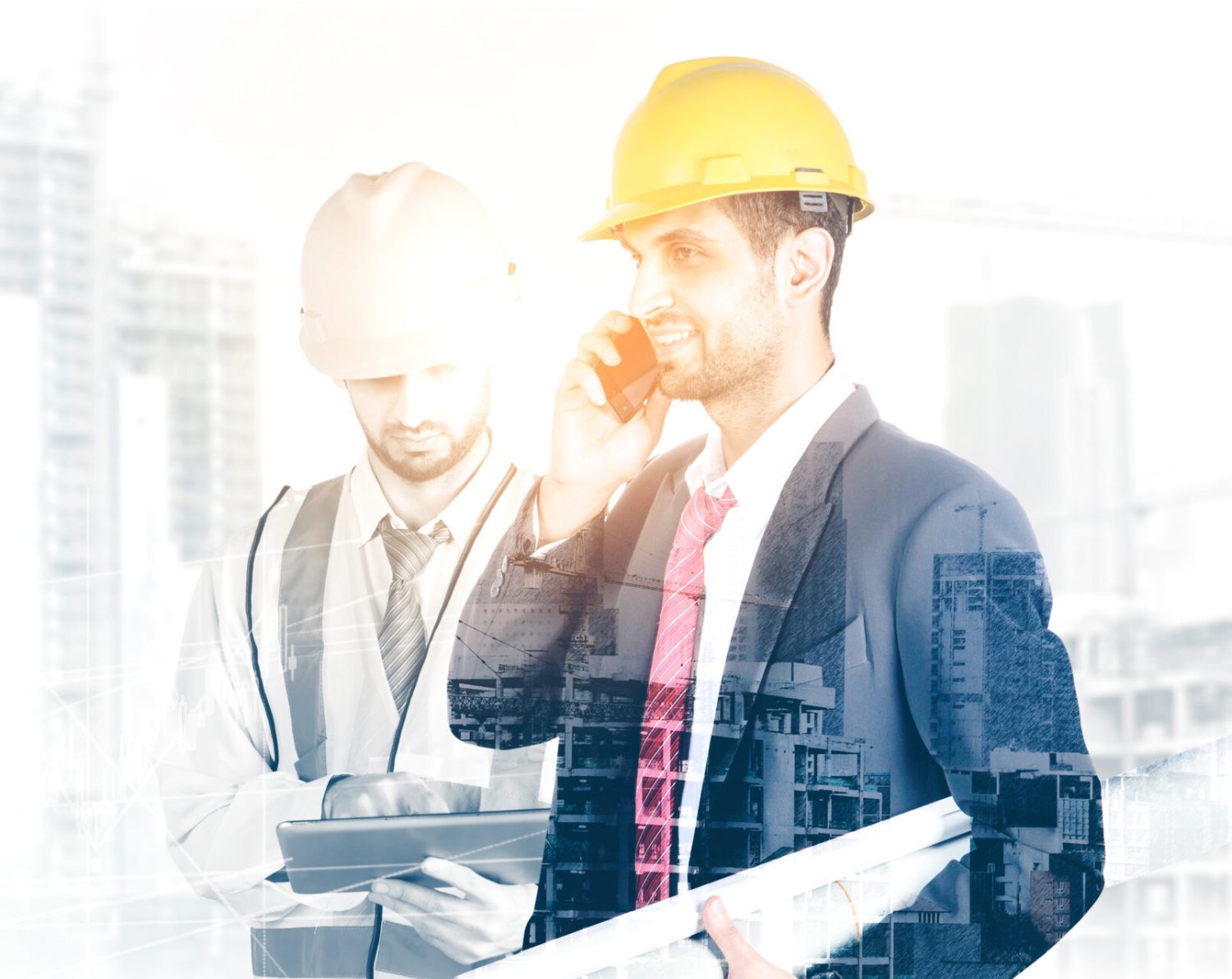 Construction engineer talking on the phone - multiexposure concept
